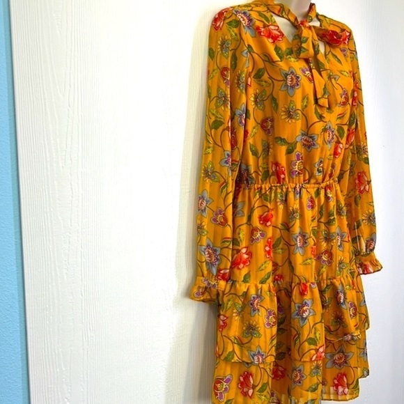 Nanette Lepore - Multi Colorful Floral Gold Boho Long Sleeve Midi Dress Size 6 - Picture 4 of 15